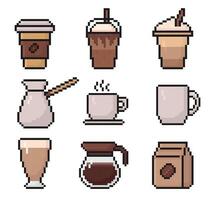 coffee pixel art set of icons, vintage, 8 bit, 80s, 90s game style, computer arcade game items, coffee cup, latte, frappe, cappuccino, cezve, coffee pot, package, cup, mug, illustration vector