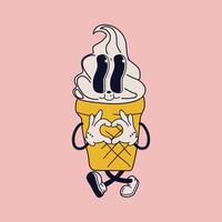 Charming cartoon ice cream figure exuding joy and cheerfulness, reminiscent of classic animations from the 60s and 70s, featuring amusing characters. This trendy illustration captures the essence of r vector