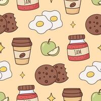 breakfast food seamless pattern, fried egg, coffee cup, apple, jam, cookie, hand drawn colorful design, repeating illustration for print, wrapping paper, backgrounds and more vector