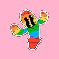 Cartoon rainbow abstract character. Retro trendy cactus sticker with funny comic characters and gloved hands. Pride Month vector