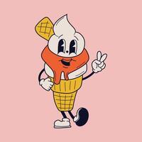 Charming cartoon ice cream figure exuding joy and cheerfulness, reminiscent of classic animations from the 60s and 70s, featuring amusing characters. This trendy illustration captures the essence of r vector