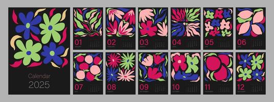 floral calendario modelo para 2025. vertical diseño con brillante vistoso flores y hojas. editable ilustración página modelo a4, a3, conjunto de 12 meses con cubrir. malla. semana empieza en domingo vector