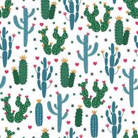 Cacti seamless pattern. Saguaro with green stem, prickly pear, spiny cereus. Succulents with colorful flowers, cute hearts. Indoor or desert cactus. American plant. Hand drawn doodle background vector