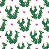 Cactus seamless pattern. Blooming prickly pear with green stem, orange flowers, spines and hearts. Indoor or desert succulent. Exotic Mexican plant. Hand drawn cartoon background with opuntia vector