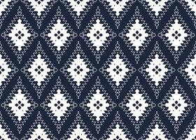 White geometric and flowers form on dark blue background, ethnic fabric seamless pattern design for cloth carpet wallpaper wrapping etc. vector