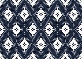 White geometric and flowers form on dark blue background, ethnic fabric seamless pattern design for cloth carpet wallpaper wrapping etc. vector