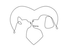 Continuous line drawing head of cat and dog with a heart. Single linear decorative logo, Pet shop or veterinarian design. Editable stroke illustration. vector