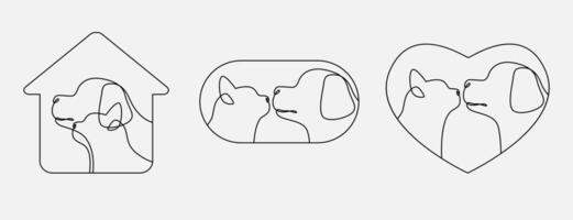 Set of continuous line drawing head of cat and dog with a heart. Single linear decorative logo, Pet shop or veterinarian design. illustration. vector