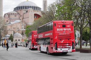 Istanbul Turkey 12 may 2023. Red Big Bus Double decker tourist Tour bus.. photo