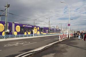 turkey istanbul 1 june 2023. T1 tram at on the bridge at Eminonu photo