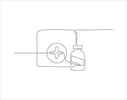 Continuous Line Drawing Of Medicine Bottle. One Line Of Jar Of Pills. Medicine Set Continuous Line Art. Editable Outline. vector