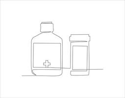 Continuous Line Drawing Of Medicine Bottle. One Line Of Jar Of Pills. Medicine Set Continuous Line Art. Editable Outline. vector