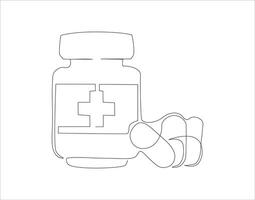 Continuous Line Drawing Of Medicine Bottle. One Line Of Jar Of Pills. Medicine Set Continuous Line Art. Editable Outline. vector