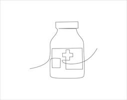 Continuous Line Drawing Of Medicine Bottle. One Line Of Jar Of Pills. Medicine Set Continuous Line Art. Editable Outline. vector