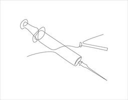 Continuous Line Drawing Of Syringe For Injections. One Line Of Syringe. Inject Continuous Line Art. Editable Outline. vector