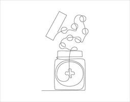 Continuous Line Drawing Of Medicine Bottle. One Line Of Jar Of Pills. Medicine Set Continuous Line Art. Editable Outline. vector