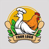 illustration of a chicken and goose logo next to a spatula like a chef cooking vector