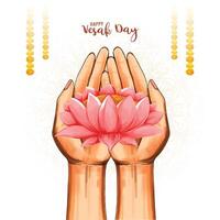 Buddha purnima or vesak card with hand holding lotus flower background vector