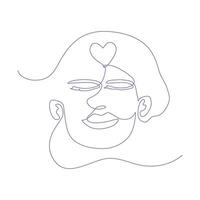 Continuous lineart of human face with heart shape symbol. vector