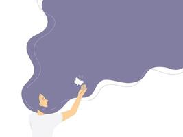 Smiling woman and a butterfly with waves hair background, mental health concept. Flat illustration banner. vector