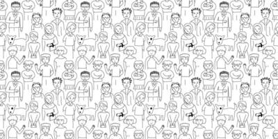 Seamless pattern with crowd of people outline doodle cartoon style. vector