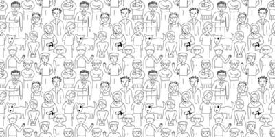 Seamless pattern with crowd of people outline doodle cartoon style. vector