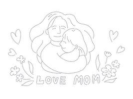 Handdrawn mom hugging child, mother's day concept. Black and white dotted line drawing. vector