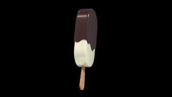 Chocolate ice cream animation. Ice cream dessert with a popsicle stick. Vanilla ice cream with chocolate topping. Transparent background with alpha channel video