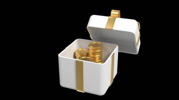3D open gift box with golden coins and ribbon animation. Money prize reward. Earn point and get rewards. Transparent background with alpha channel video