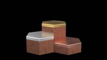 Gold, silver, and bronze podium in hexagon shape animation for winner and product display. Wooden product stage podium animation. Three pedestals. Transparent background with alpha channel video