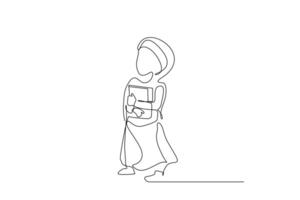 student muslim little girl in hijab holding a book happy education life line art design vector