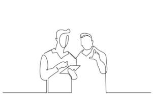 two male employees showing tablet plan program pointing pointing talking one line art design vector