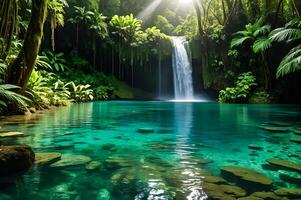 encantador cascada oasis un sereno tropical bosque escapar. hermosa cascada en el selva foto