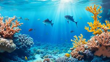 Discover the Vibrant Underwater Paradise Coral Reefs, Fish, and Sunrays in the Clear Blue Ocean. photo