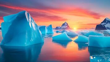 Majestic Icebergs Floating Amidst Calm Waters and a Vibrant Sky. Global Warming and Melting Glaciers photo