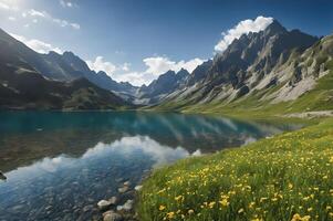 Breathtaking Mountain Landscape Snow-Capped Peaks, Pristine Lake, and Green Valleys. Perfect for Nature Enthusiasts and Hiking Adventures photo