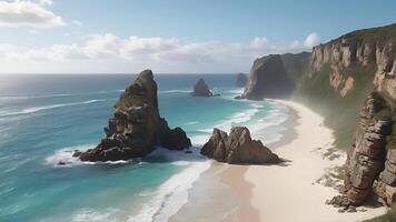 Drone View of Majestic Cliffs and Crystal Clear Waters at a Secluded Beach Paradise photo