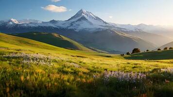 Breathtaking Panoramic View of Snow-Capped Mountains and Lush Green Valleys. photo