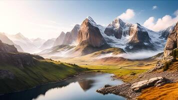 majestuoso montaña picos y floreciente prados paisaje iluminado por Dom luz, presentando lozano verde colinas y sereno atmósfera. foto