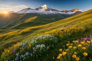 asombroso amanecer terminado lozano verde prados con floreciente flores silvestres a el pie de majestuoso nieve tapado montañas naturaleza belleza soltado foto