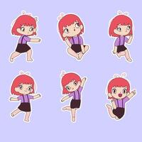 kawaii girl character with different facial expression and poses. vector