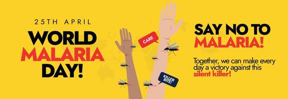 25th April World Malaria day. World Malaria day celebration cover banner with human arms and multiple mosquitoes biting on them. Malaria prevention awareness banner to fight illnesses against mosquito vector