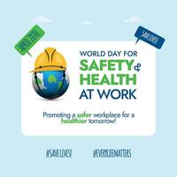 mundo día para la seguridad y salud a trabajar. 28 abril mundo día para la seguridad y salud a trabajo bandera con tierra globo vistiendo construcción casco a promover el la seguridad de trabajadores y utilizar de la seguridad engranaje. vector