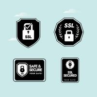 SSL. Secure sockets layer. SSL icons, tags, stickers, stamps, labels, emblems in four different designs and shapes with padlock in black and white colour with cyan background. Safe and secure website. vector