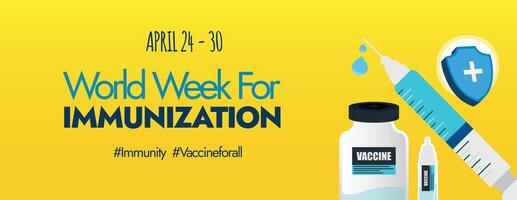 World Immunisation Week. World Immunization week cover banner with cute icons of syringe, vaccine bottle, protection shield on yellow background. April 20 to 30 Importance for vaccination cover banner vector