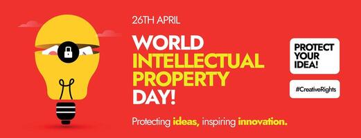 World Intellectual property day. 26th April World IP day celebration cover banner with importance of safety and protection of intellectual property. IP day banner with yellow bulb on red background. vector