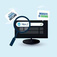 Secure https. Secure website. Our website is secure announcement banner with computer screen having display of search bar with https written on it and magnifying glass. Safe browsing and cyberspace. vector
