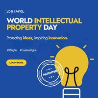 26th April World Intellectual property day. World IP day celebration banner with light bulb in yellow colour and patented stamp. World Intellectual property day awareness banner for protection of idea vector