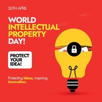 World Intellectual property day.26th April World IP day celebration banner to promote the importance of safety and protection of intellectual property. IP day banner with yellow bulb on red background vector