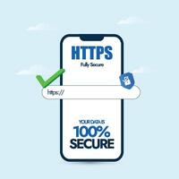 Secure HTTPS concept. Safe browsing and web surfing concept with mobile phone screen having search bar with Https written on it and padlock icon. SSL certificate to ensure data safety and security. vector